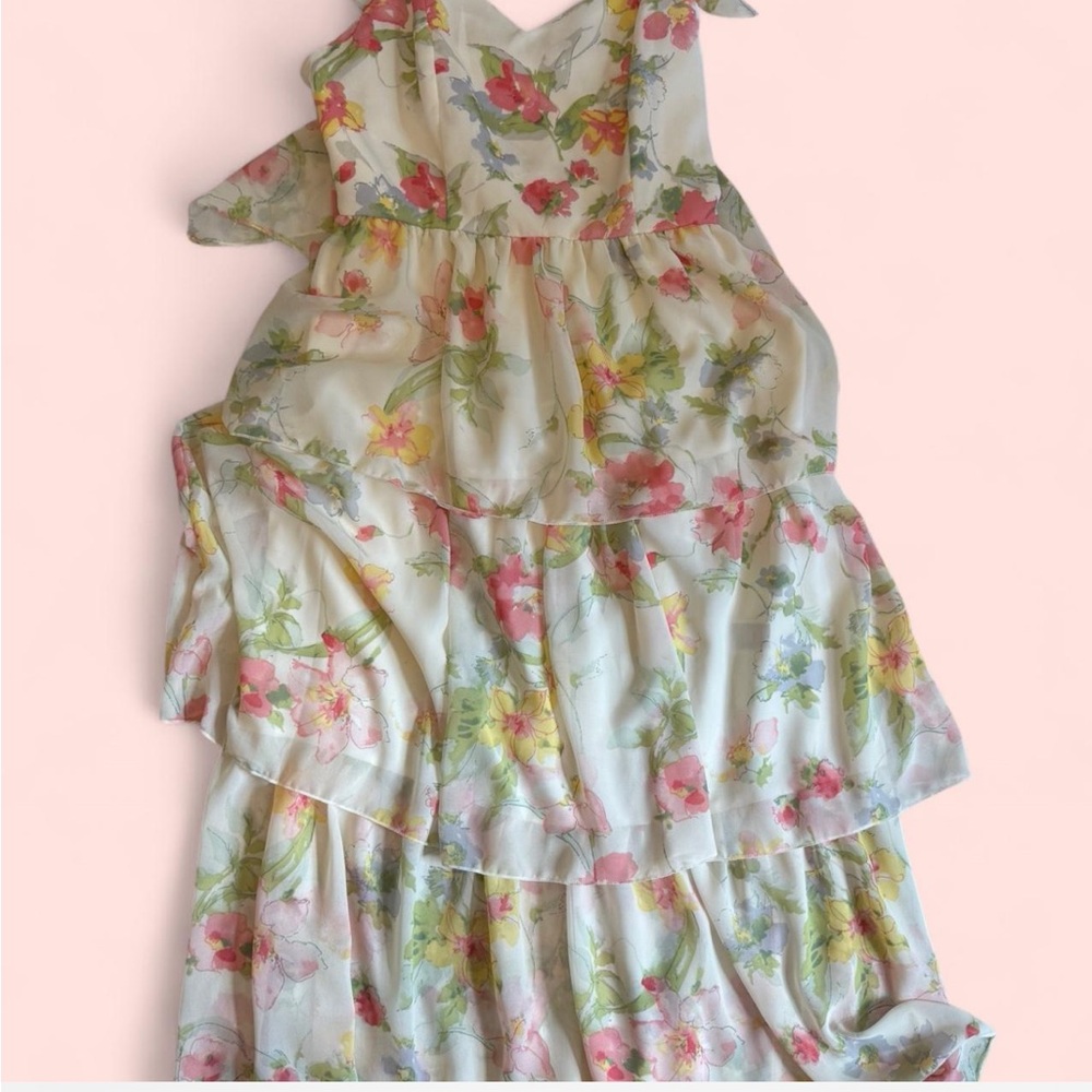 SHEIN Green and Pink Ruffled Tiered Maxi Sundress